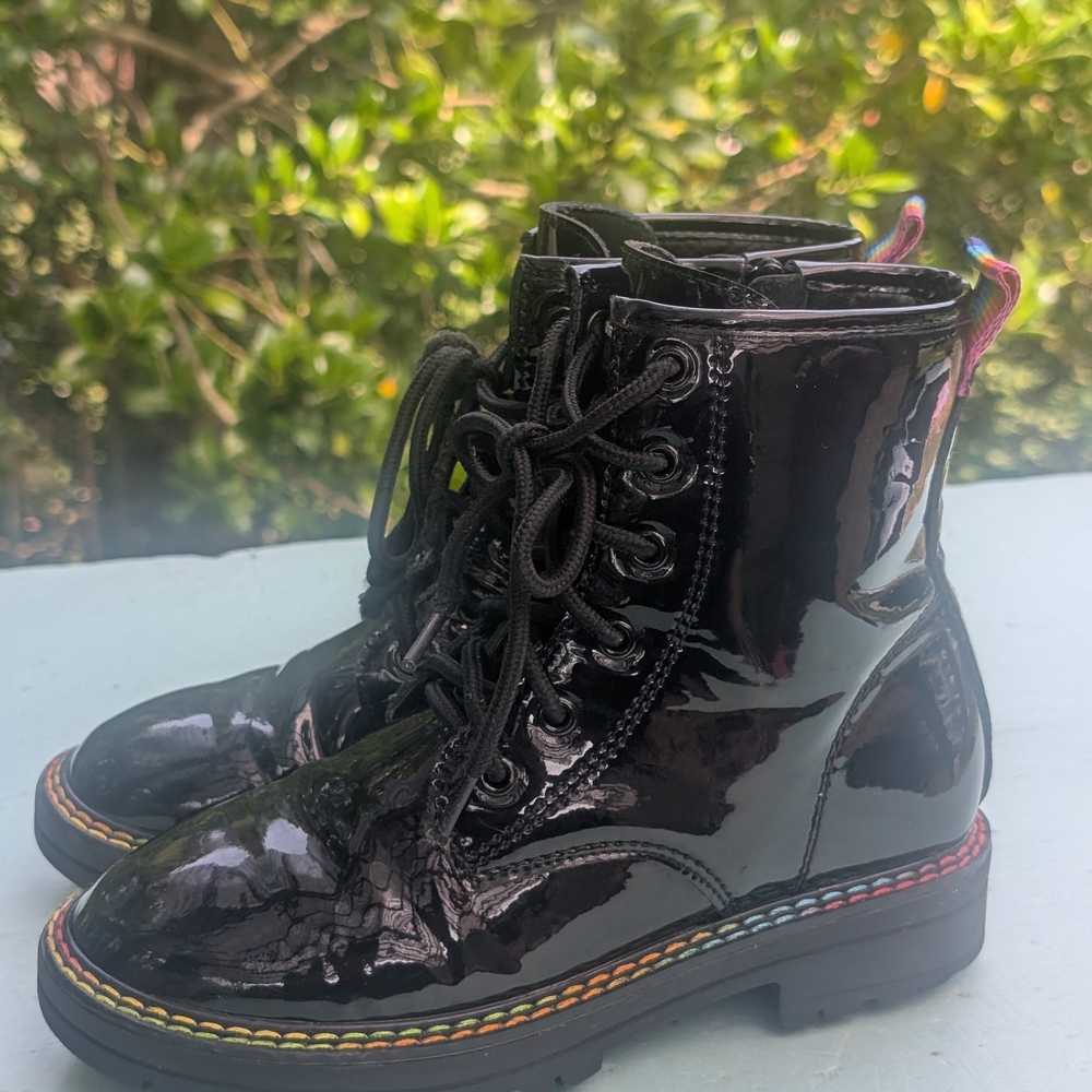 Kurt Geiger Black Patent Kids Boots with Rainbow Trim